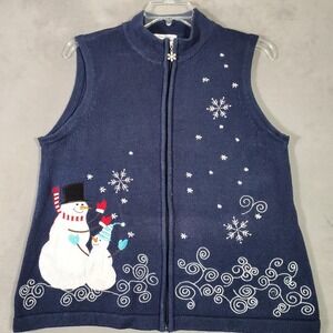Christopher Banks Holiday‎ Sweater Vest Womens XL Blue Snowmen Zip Up Christmas